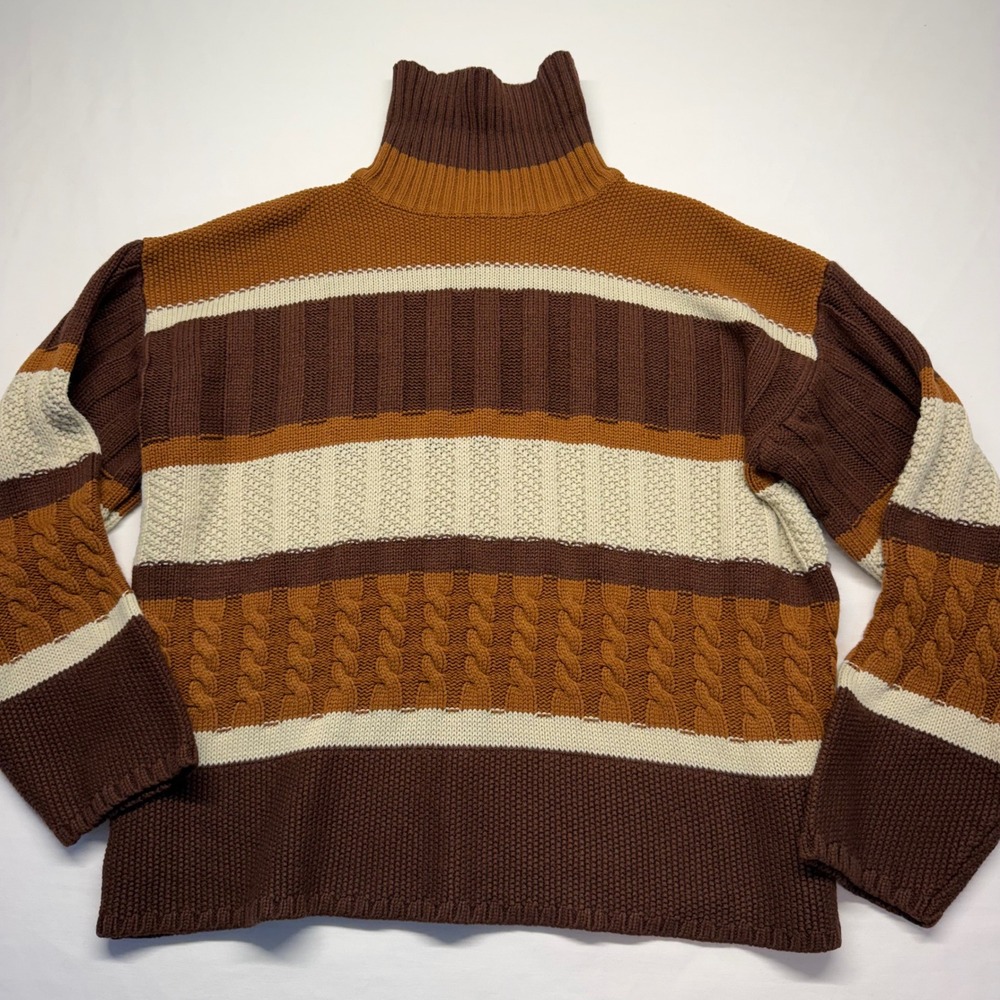 Vintage Mawnframe Sweater M Chocolate Brown Cable Knit Striped Turtleneck